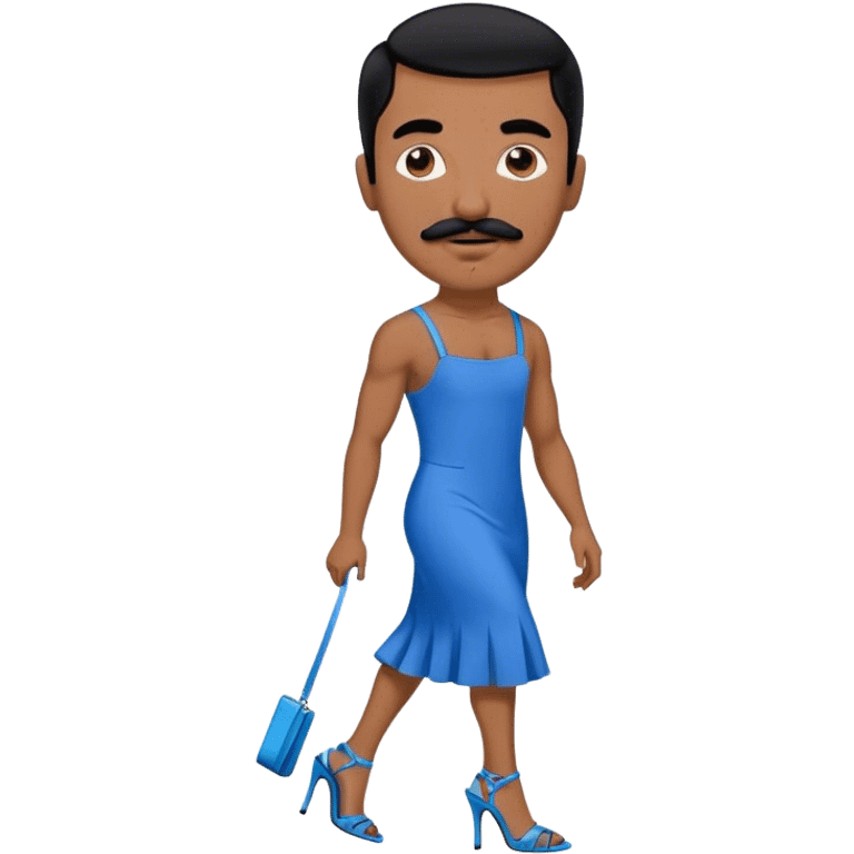 Man in a blue dress and blue strappy high heels with black hair and black mustache and brown skin emoji