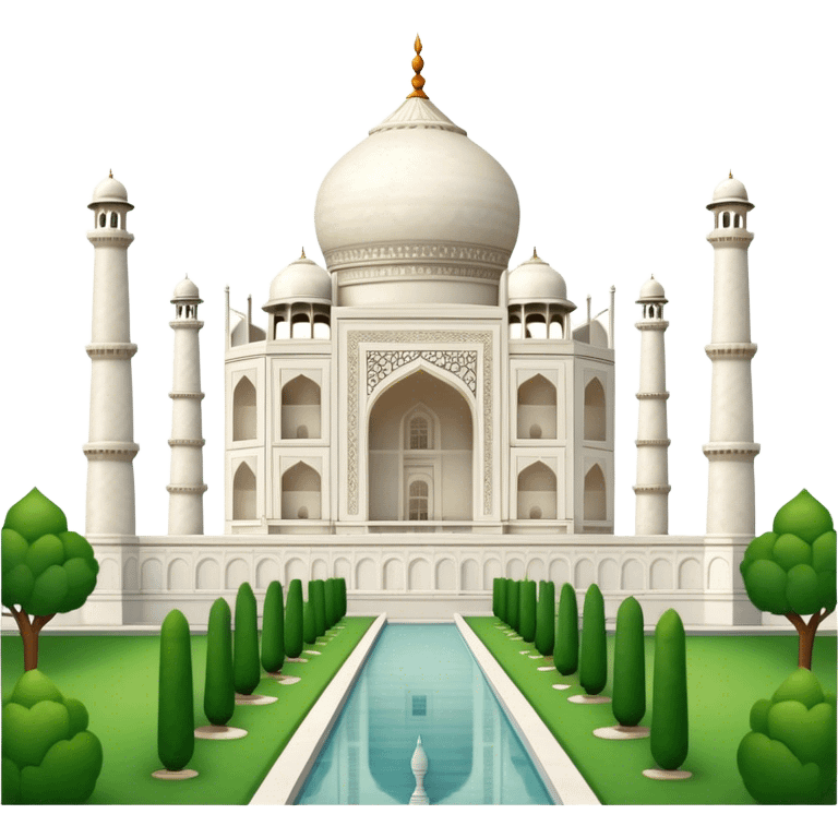 Cinematic Realistic Taj Mahal Landmark Emoji, depicted as the iconic marble mausoleum set amidst lush gardens rendered with intricate detail and ethereal, soft lighting. emoji