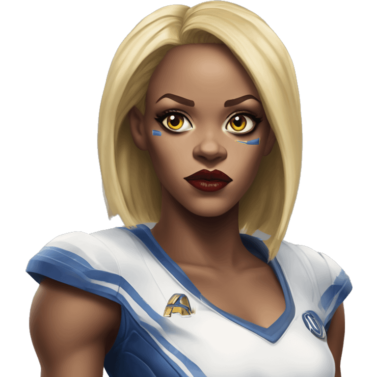 Warcraft soccer Rihanna in Marvel Avengers style, oil paint, mysterious eyes, intricate lips, masterpiece pose, odd perspective, beautiful, desirable, logical emoji