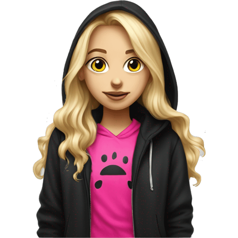 blonde long hair girl wearing a black hoodie with hot pink logo on the front drawing hypperrealistic  emoji