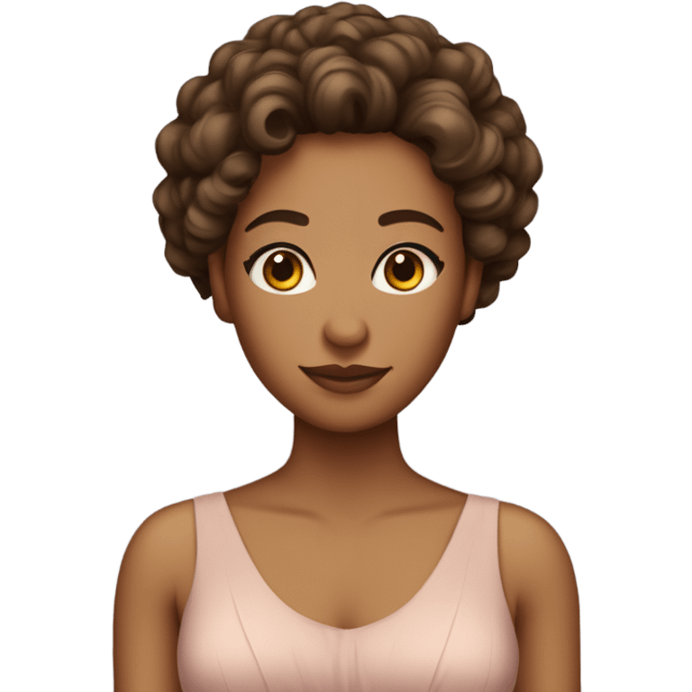 woman with tan skin, brown eyes, curly hair, and a pretty dress stading emoji