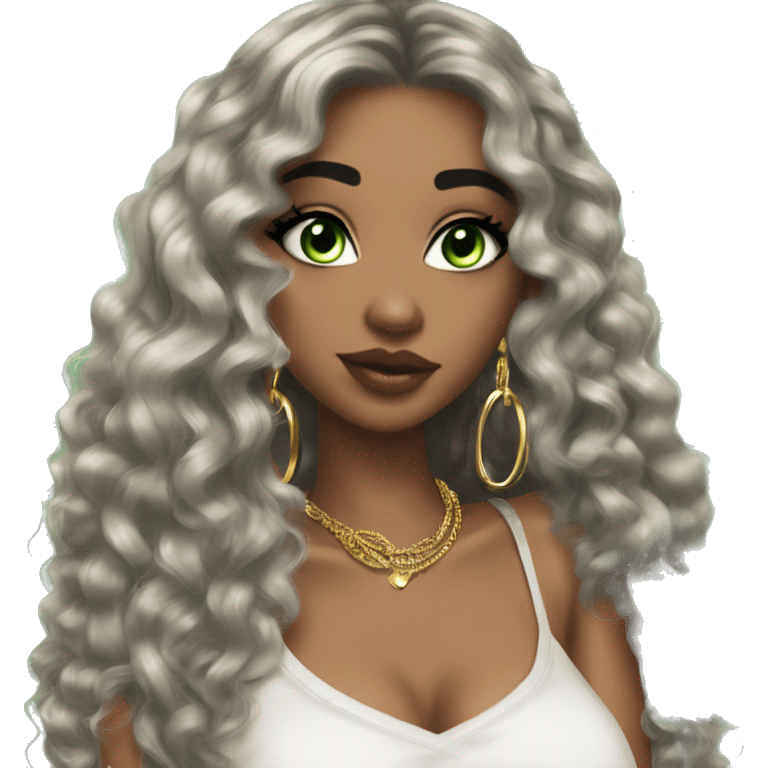 Glamorous, streetwear, black hair, long curled hair, olive skin, green almond eyes, winged eyeliner with big lashes, wearing hooped earrings, rings and bracelets, almond fake nails emoji