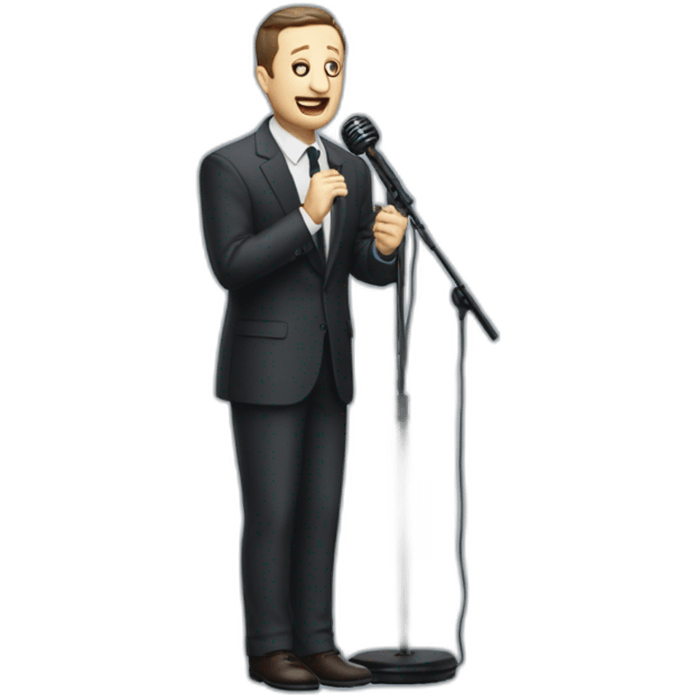 tim robinson in suit singing into microphone stand holding stand (full body, ios17, somber) emoji