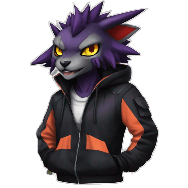 Cool Anthro Black Noivern-Absol-Litten-Pokémon with edgy stripes hoodie spiked collar punk Full Body emoji