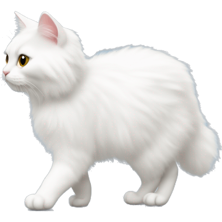 Fluffy white cat is walking to the left. It is seen from his profile  emoji