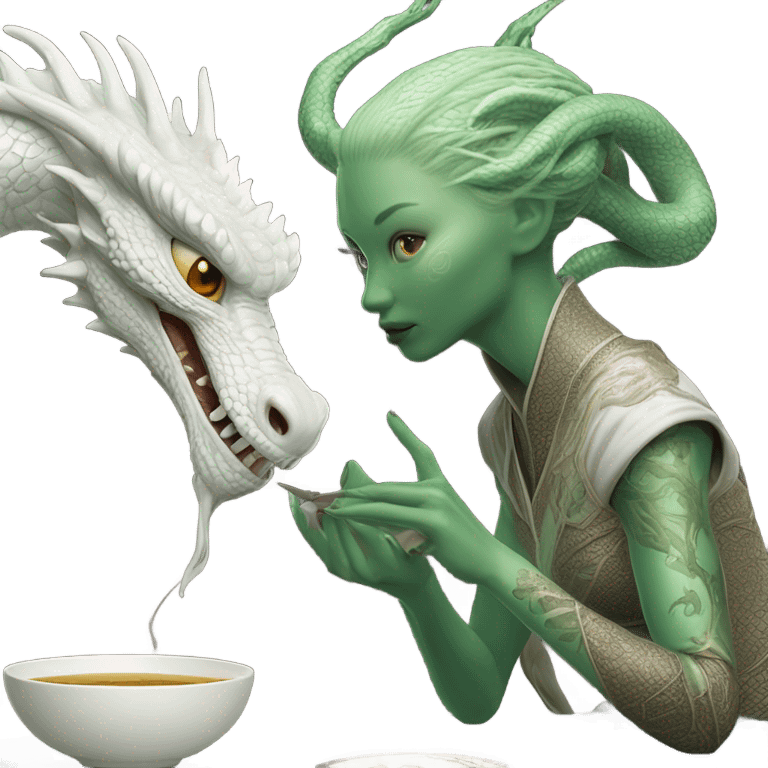 Photo realistic, alien female green,  on white china dragon infinite story emoji