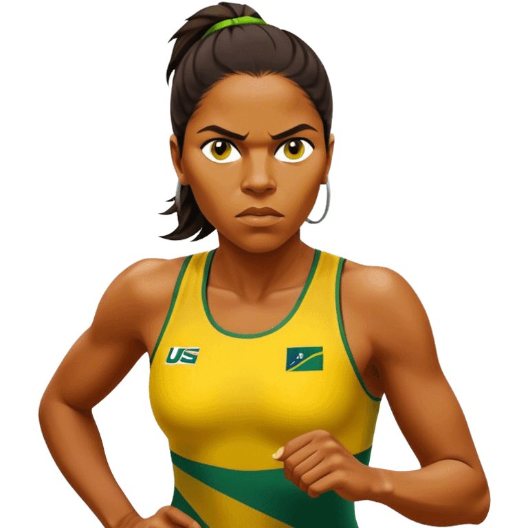 Cinematic Realistic portrait of Cathy Freeman, shown as an iconic Australian sprinter with a focused, determined expression and modern athletic yellow and green attire accented with subtle native motifs, rendered in dynamic, vibrant lighting emoji