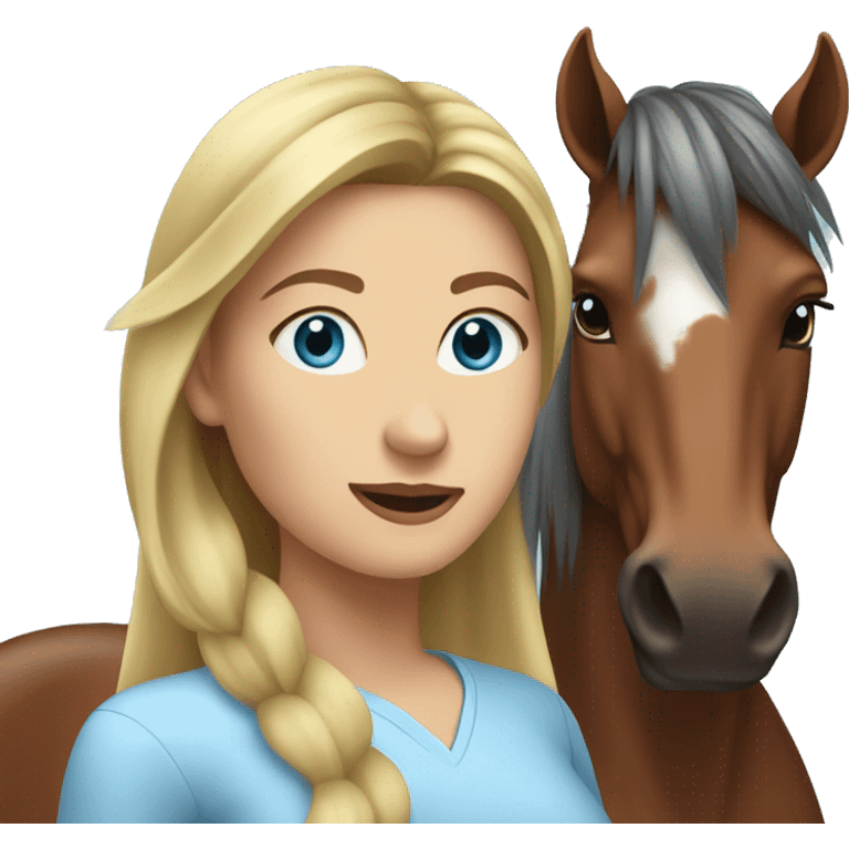 woman with long back hair and light blue eyes next to a sorrel horse emoji