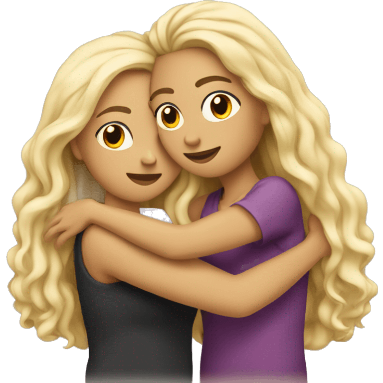 Woman with long straight blonde hair hugging a woman with long curly black hair  emoji