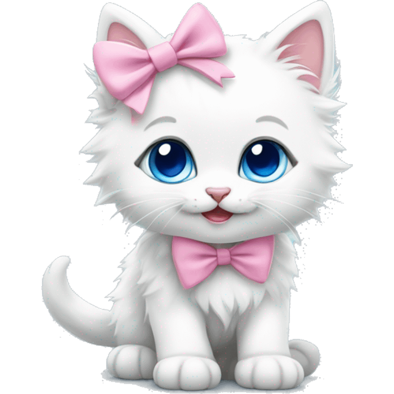 A happy cute fluffy white kitten with blue eyes and a pink bow  emoji