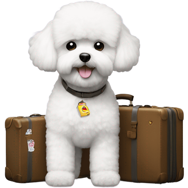 A Bichon Frise standing next to a suitcase filled with iconic places stickers on the suitcase  emoji