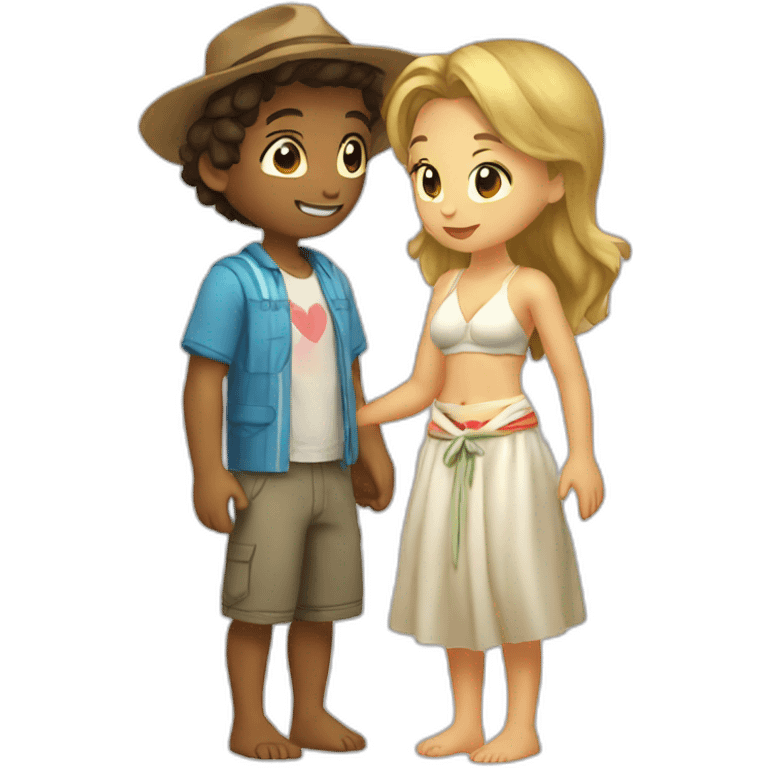 with beach clothes young metis man and white woman kiss love emoji