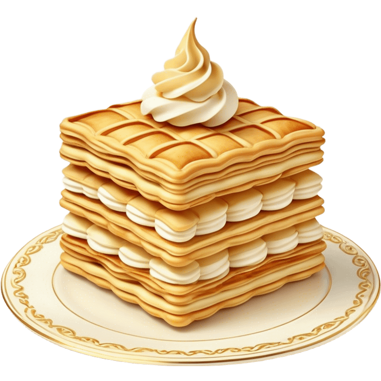 Mille-feuille Cinematic Realistic Mille-Feuille Dessert Emoji, depicted as a delicate pastry composed of two crisp layers of puff pastry with a rich cream filling, rendered with intricate textures and elegant, soft lighting. emoji