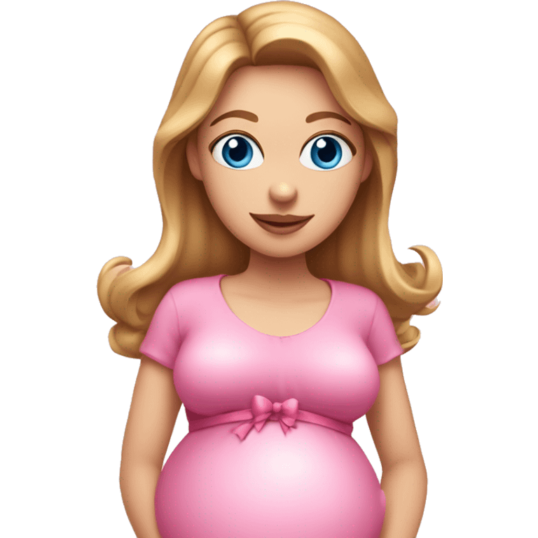 White pregnant lady, with Light Brown hair and blue eyes. She is wearing a tight pink dress and a bow,  standing and holding two pink heart balloons. emoji