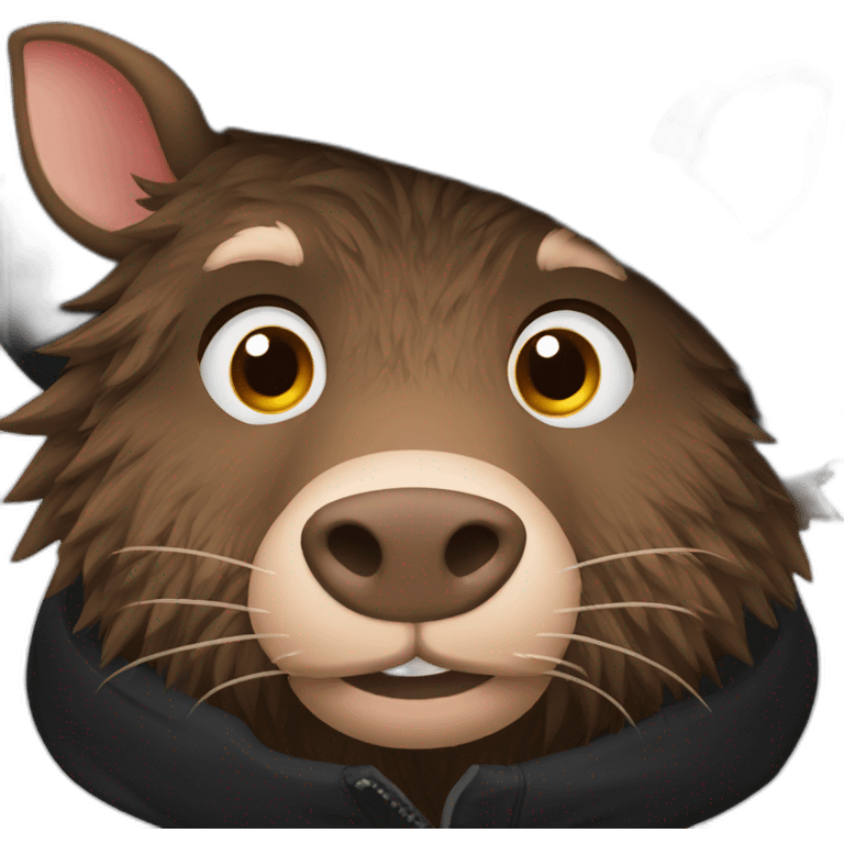 fullface wild tired brown boar with stubble in a black jacket and a black winter hat emoji