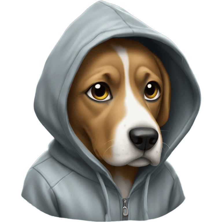 Dog wearing a hoodie in the rain emoji