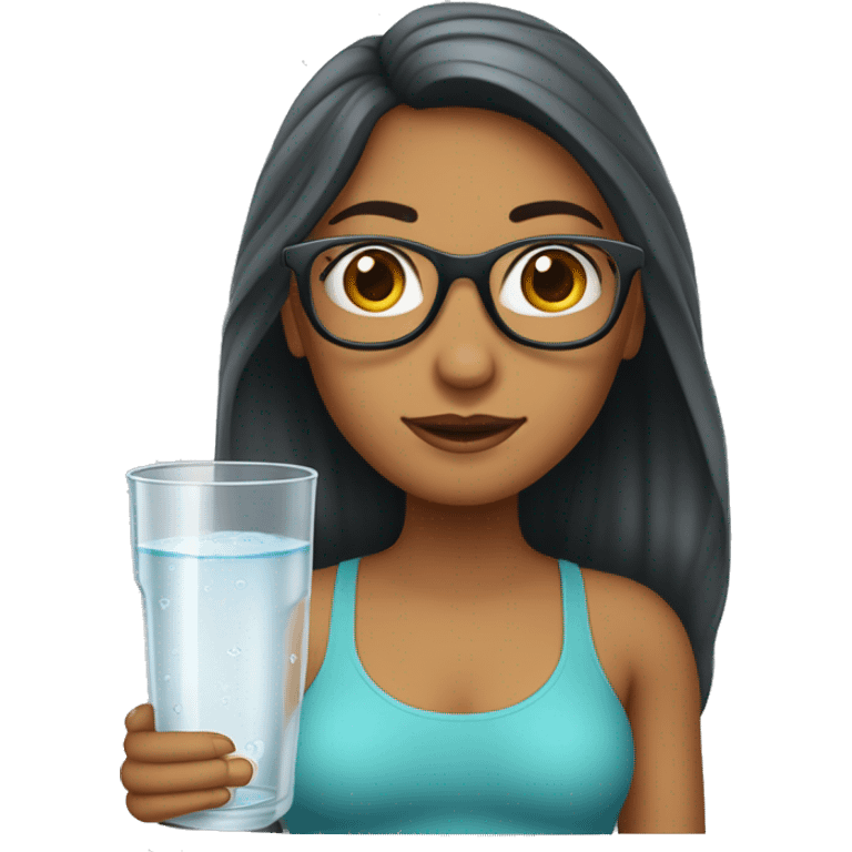 Mujer cabello castaño largo, piel pálida con lentes. con un vaso de agua pura para tomar. emoji