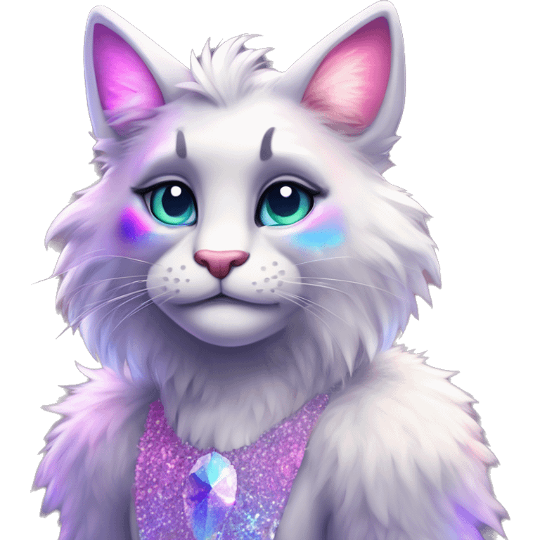 Furry, sparkle, iridescent, colorful, pastel, edgy, cool, fantasy beautiful, divine, animal, anthro, full body, fursona, feline emoji