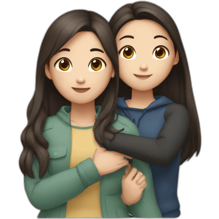 Two girls friends one dark hair, second girl is asian with long brown hair hugging each other emoji