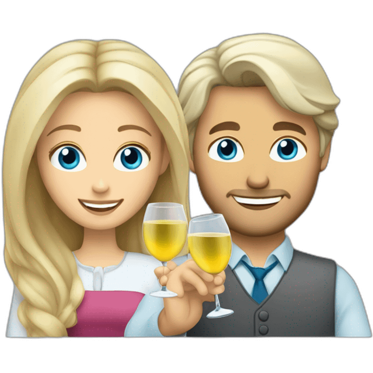 caucasian woman with brown eyes and blond shoulter long hair and a caucasian man with blue eyes and grey hair, toasting with a glass of white wine emoji