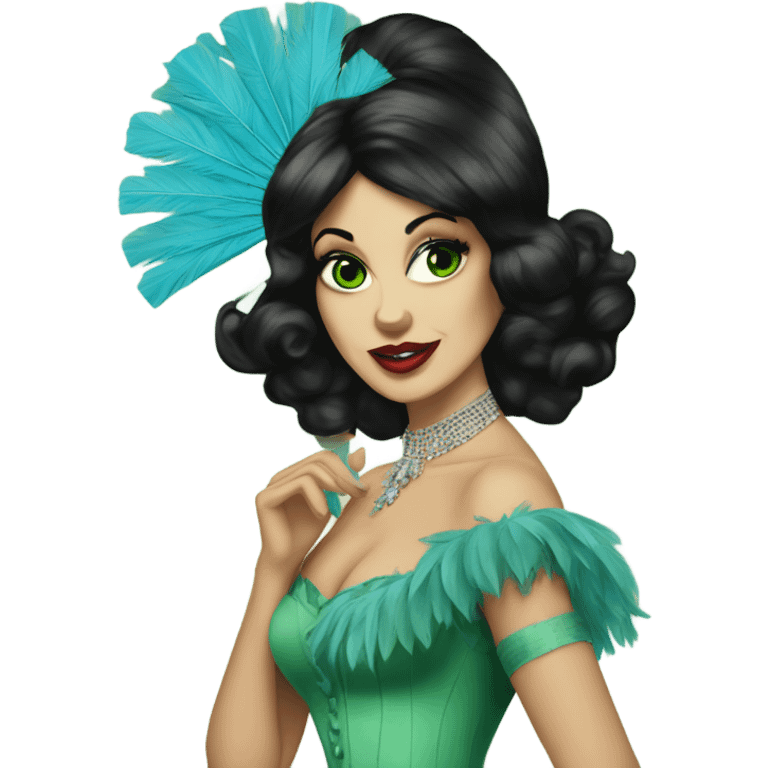 Burlesque dancer with black hair and green eyes in a vintage costume holding blue feather fans emoji