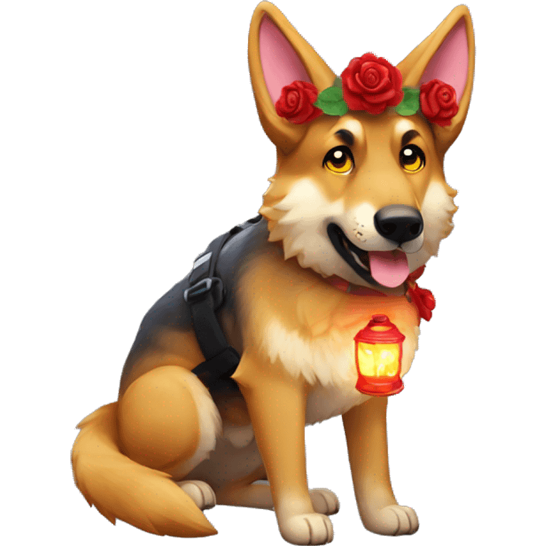 Brindled German shepherd fox carrying glowing red lantern, fairy lights, rose flower crown emoji