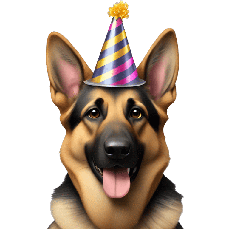 German shepherd wearing a party hat emoji