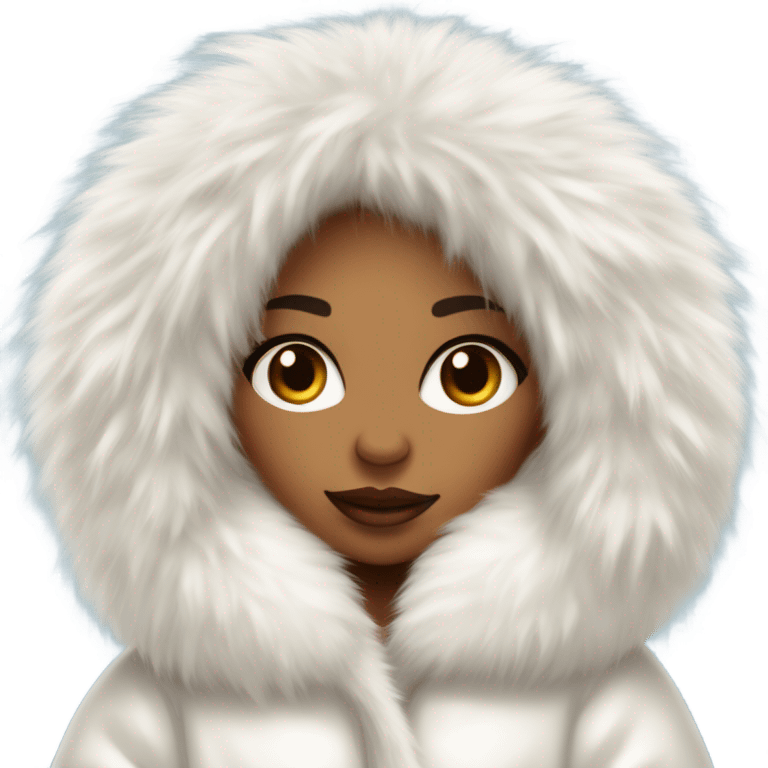 Tanned Girl with lashes ,  in an extremely big fluffy oversized white fur coat with hood on. The fur is real and it’s very obvious big and fluffy like in Pinterest  emoji