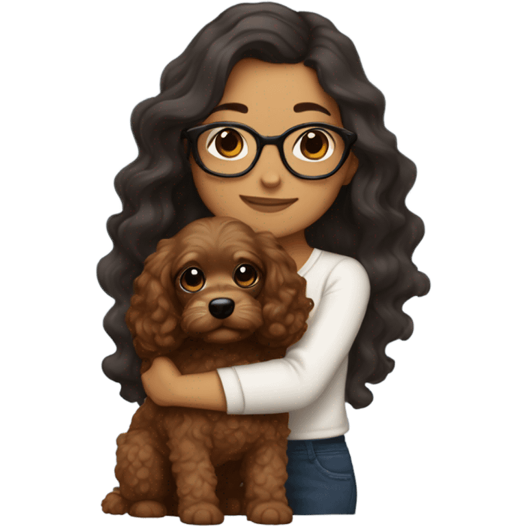 Latina girl with glasses and dark long wavy hair hugging a brown cavapoo emoji