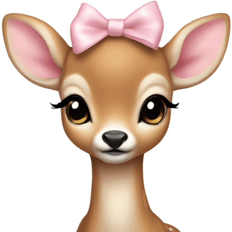 Baby deer with a little light pink bow on its head. The deer is curled up. emoji