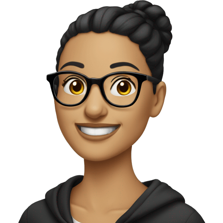 woman-black hair-bun-with glasses hoodie smile emoji