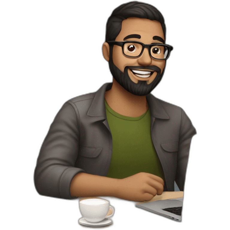 Designer with dark brown hair,brownd eyes, 30 years old beard and glasses working with MacBook and drinking cappuccino  emoji