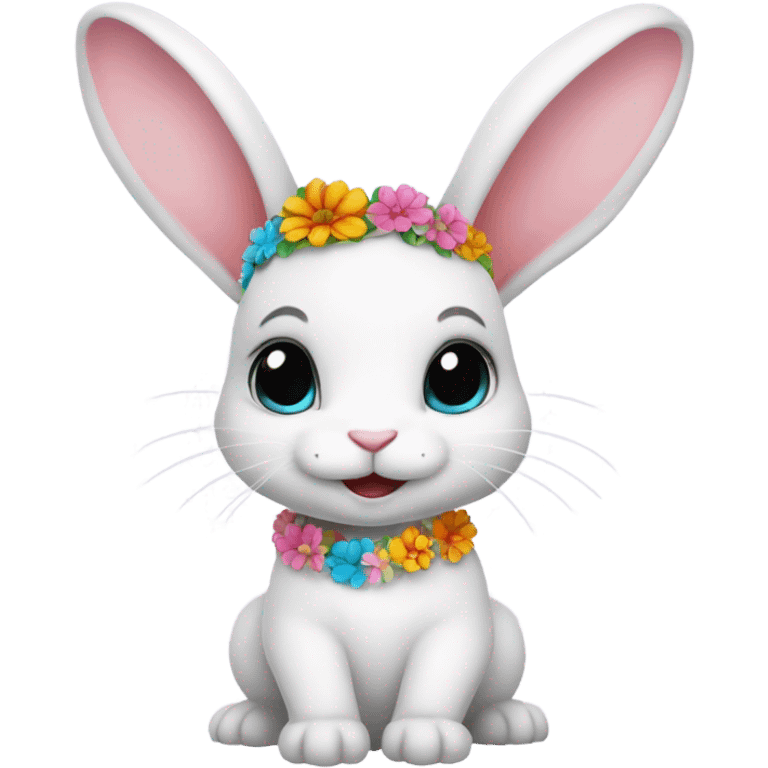 White bunny with short ears wearing a flower headband, flower necklace, and a flower bracelet  emoji