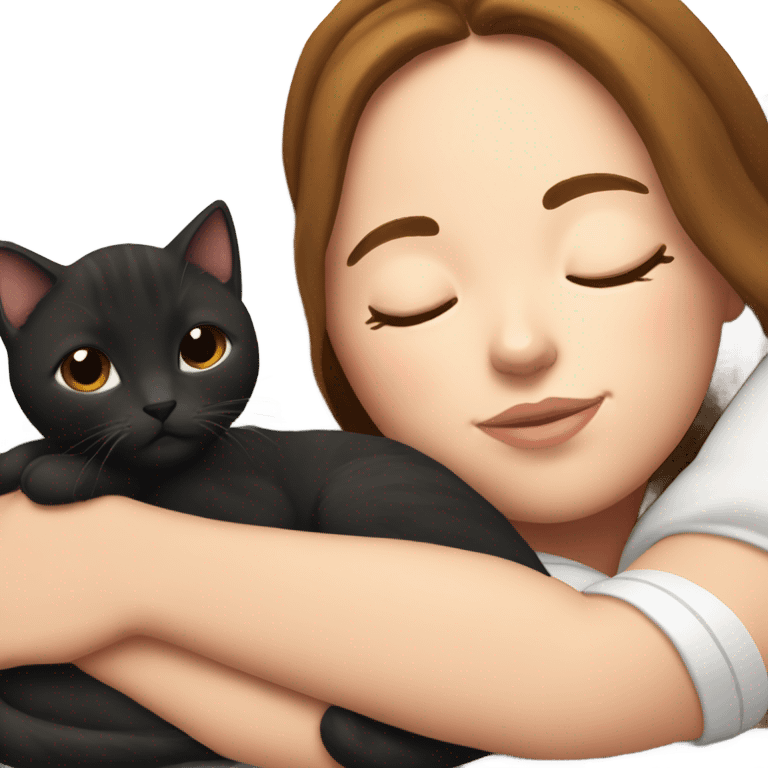 White girl brown hair sleeping with two black kitties emoji