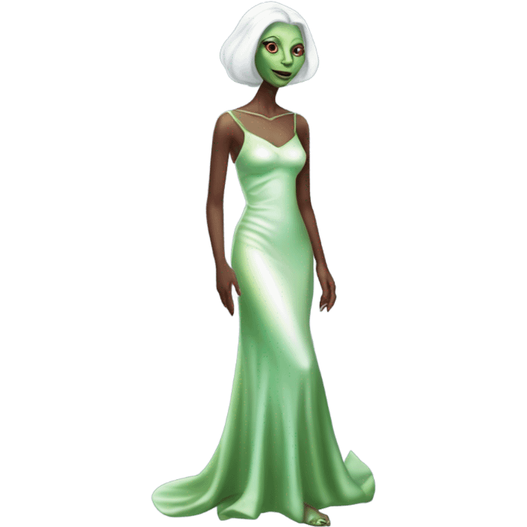 reptilian green alien woman, in( long slim pastel color:#FFFFFF formal party satin dress with gradient shiny sparkling color:#800000), full figure, full body emoji