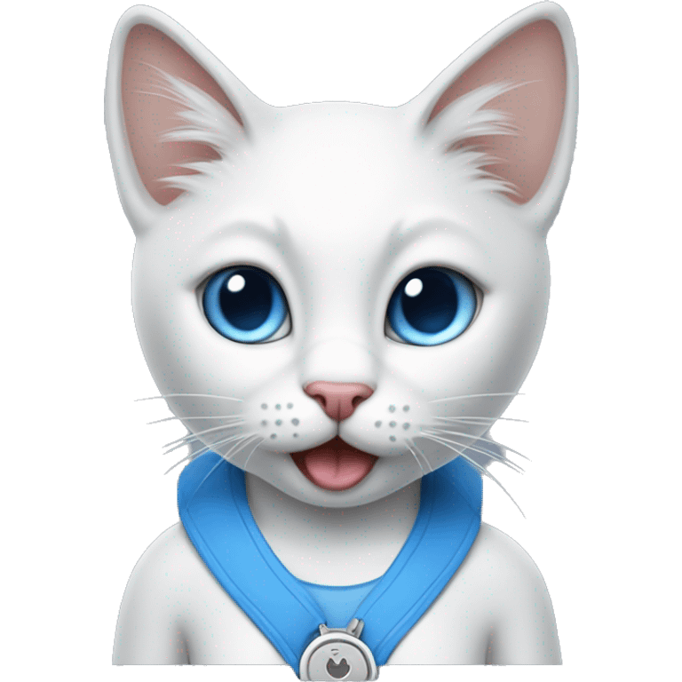 female humanoid cat with tongue out wearing a white tank-top and blue jeas emoji