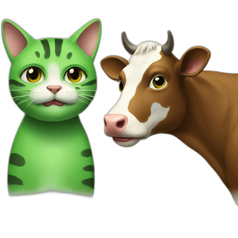 a green cat kidding with a cow emoji