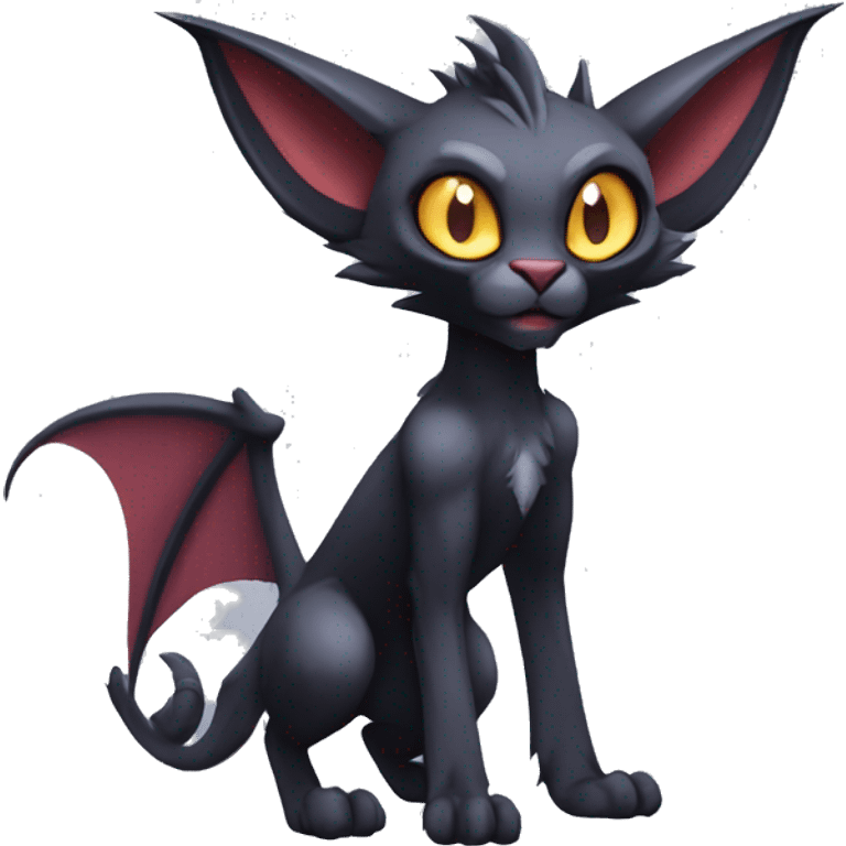 Black cool vampiric Noivern-Litten-Lykoi-Caracal-Fakemon with big bat ears full-body emoji