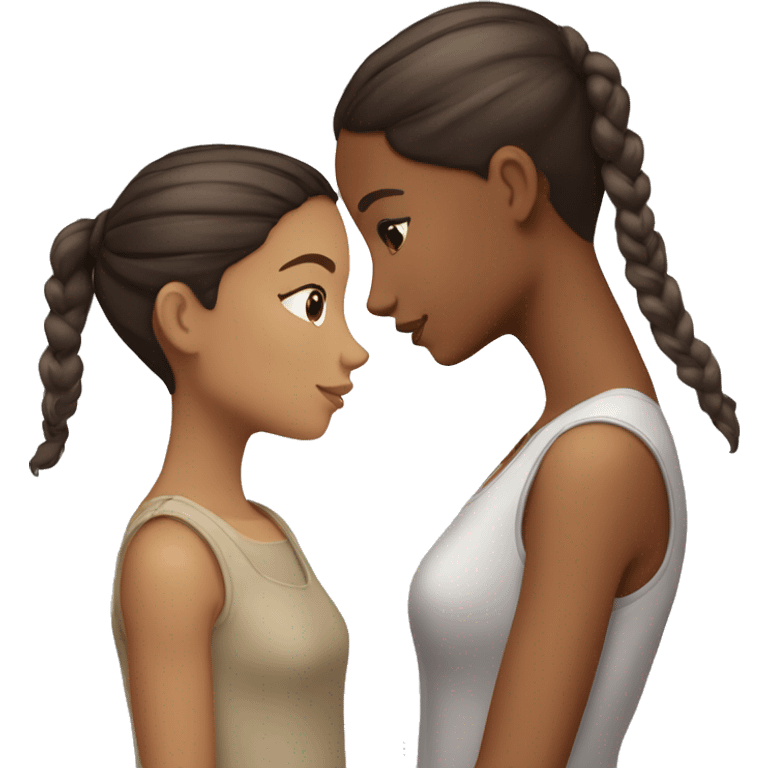 two girls are kissing, one of them has light skin, brown eyes, dark brown hair in a bun, the other has light skin, gray eyes and long brown straight hair emoji