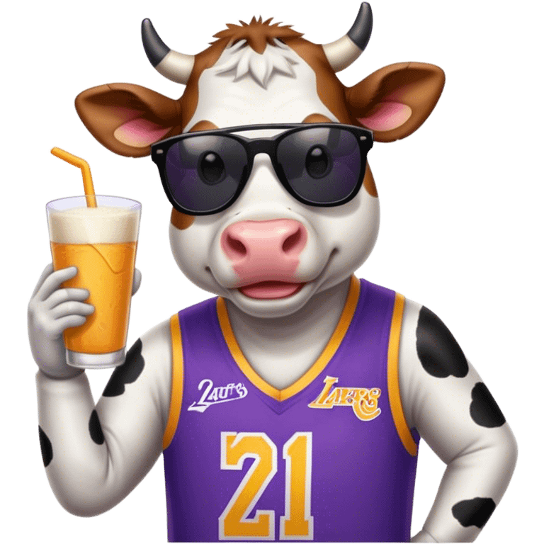 Dairy cow wearing sunglasses and a Laker jersey  emoji