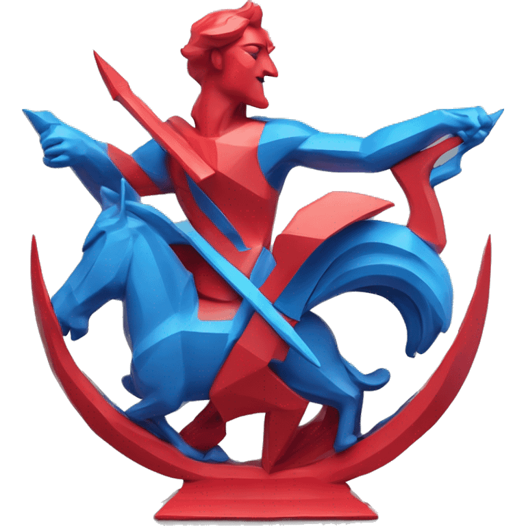 A Sagittarius sculpture with a geometric, faceted design. The Sagittarius is standing upright with angular and baroque features. The vibrant red with blue accent flame colors highlights the sharp edges and planes. emoji