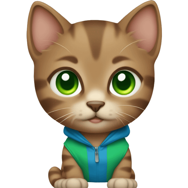 Small brown kitten with green eyes and blue clothes  emoji