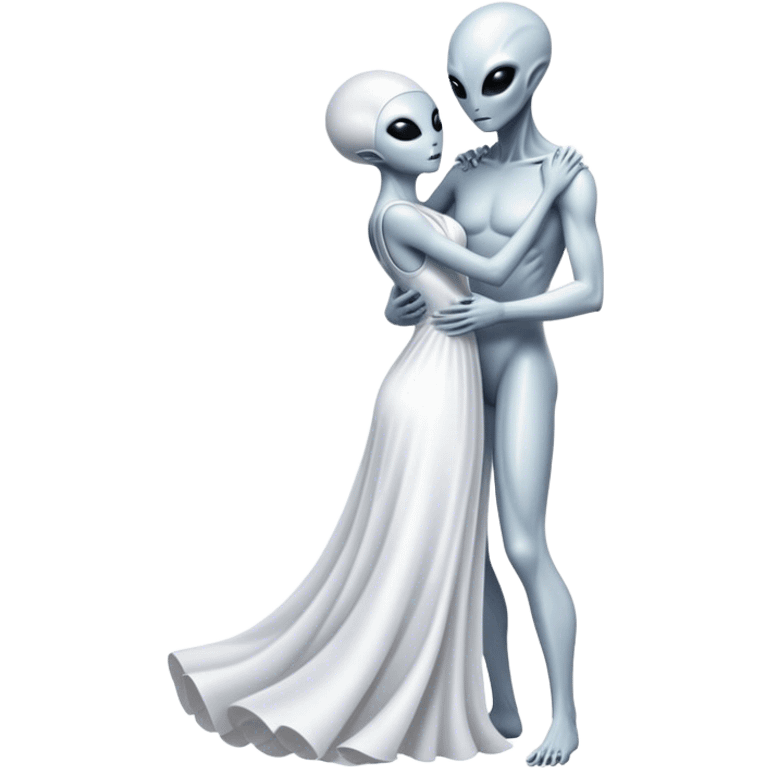 Alien woman in white dress hugs and kissing "white male human man" emoji