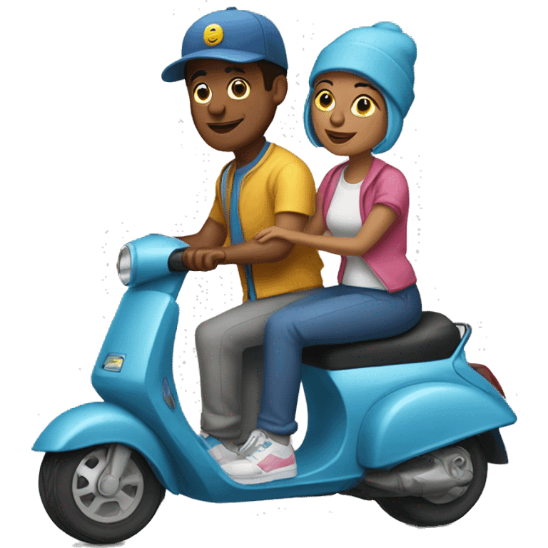 man and woman sitting on a scooter wearing   sweatpants and caps emoji