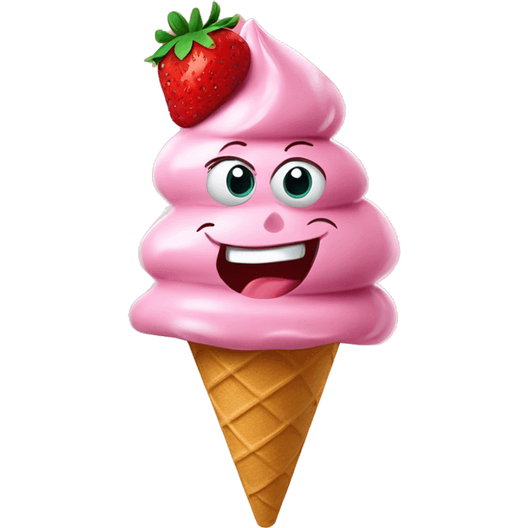 a scoop of strawberry gelato on a sugar cone with an animated eyes and smiling mouth emoji