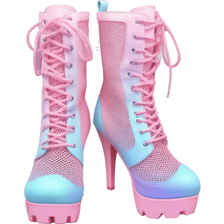 Realistic isolated top front view of a pair of pastel pink to pastel blue ombre pair of cut out mesh high heel combat boots. emoji