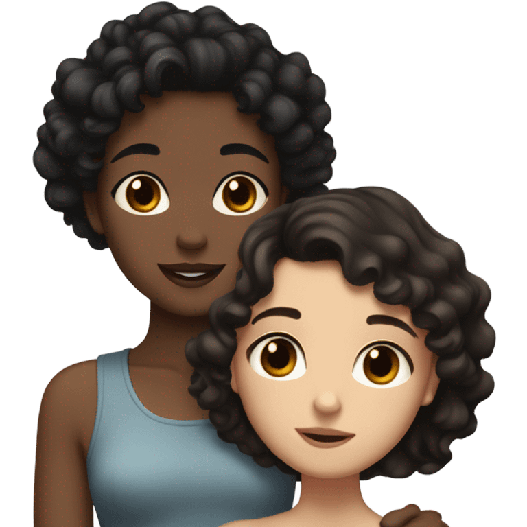 Tall Pale white girl with black wavy hair and brown eyes hugging a Tall Tan girl with black short curly hair and brown eyes  emoji