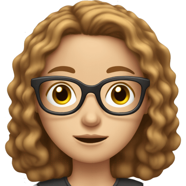 White girl with glasses and brown wavy hair reading on smart phone emoji