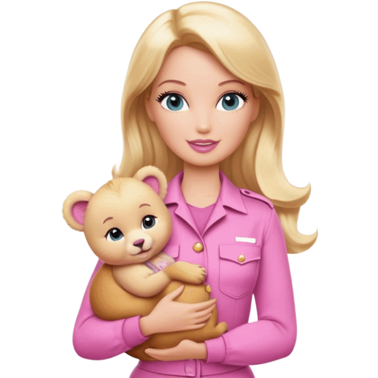 Blonde zookeeper Barbie, pink outfit, holding a cub emoji