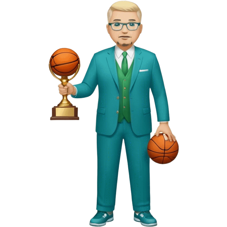 Full Body white fat male  wearing glasses with a goatee with light blonde gray very short hair basketball head Coach in blue and green suit holding trophy emoji